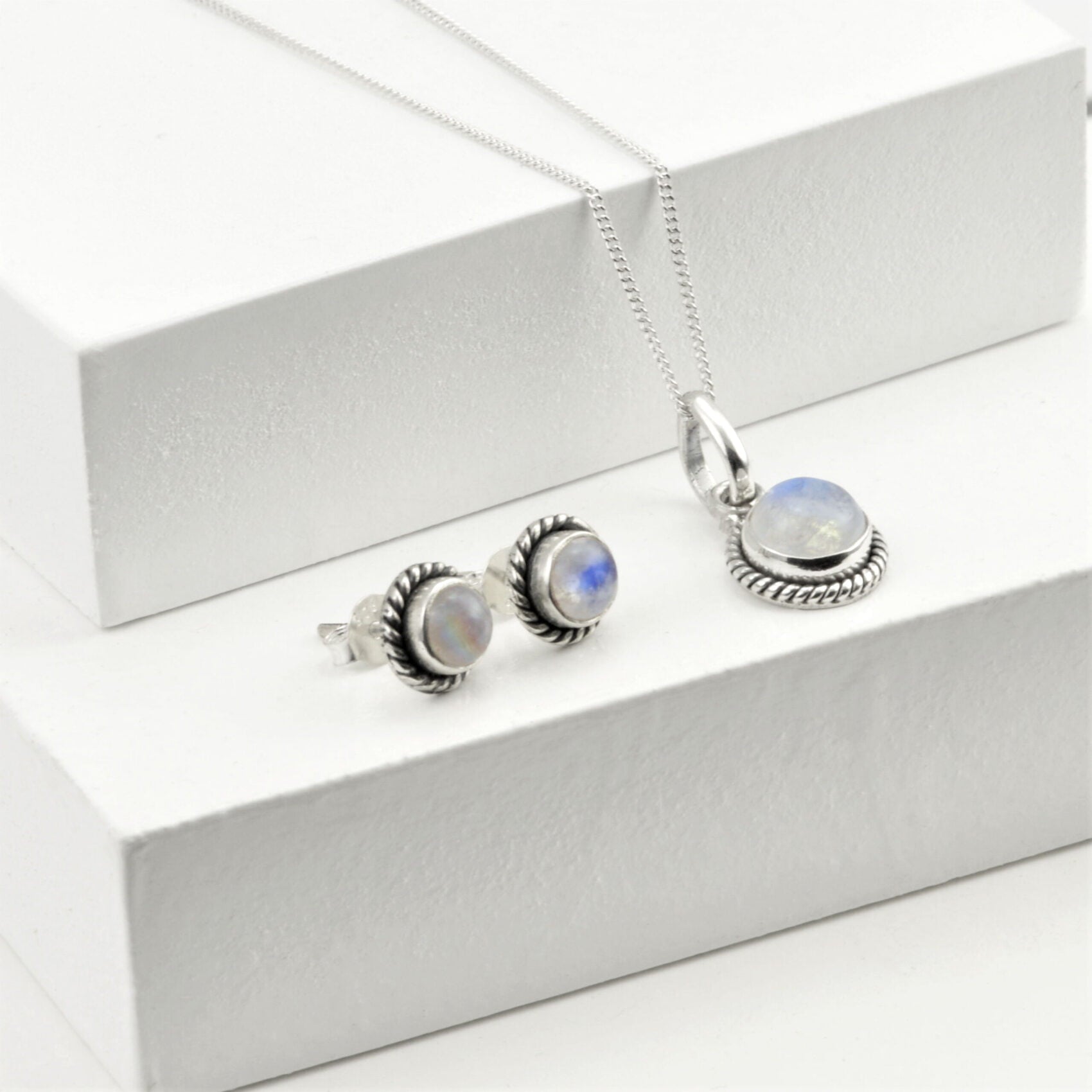 Twisted Wire Round Moonstone Jewellery Set in Sterling Silver