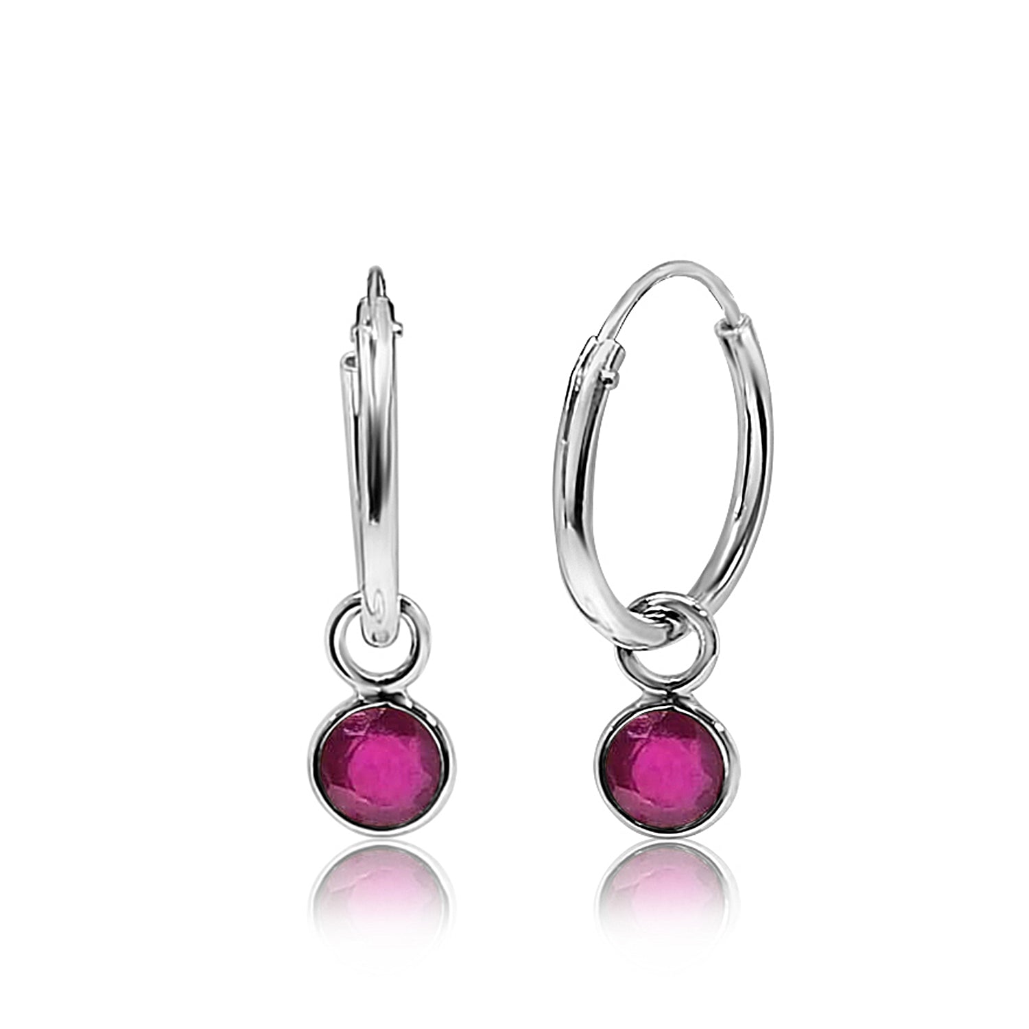July Birthstone Hoop Earrings with Ruby Charm in Sterling Silver