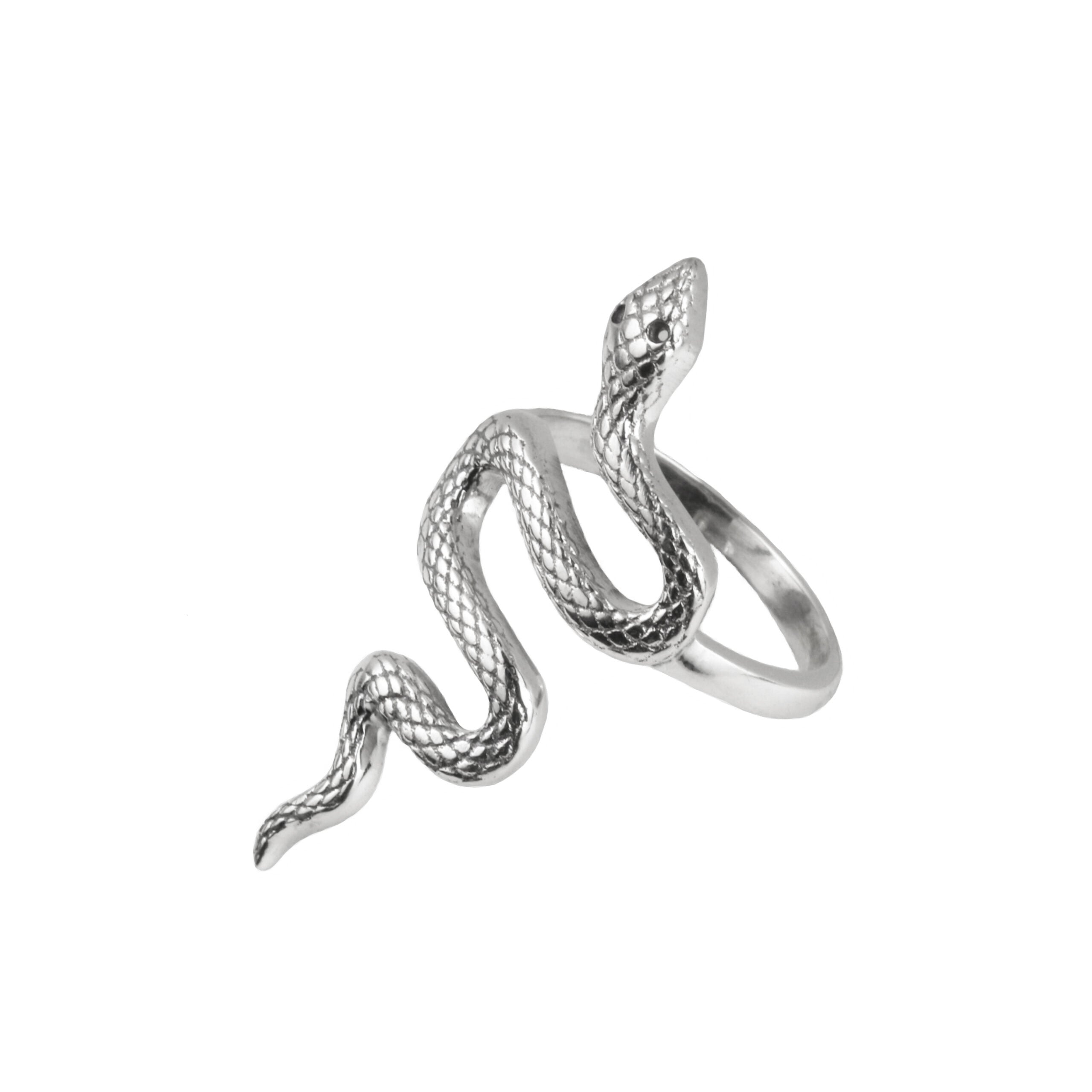 Detailed Snake Ring in Sterling Silver with Black Spinels