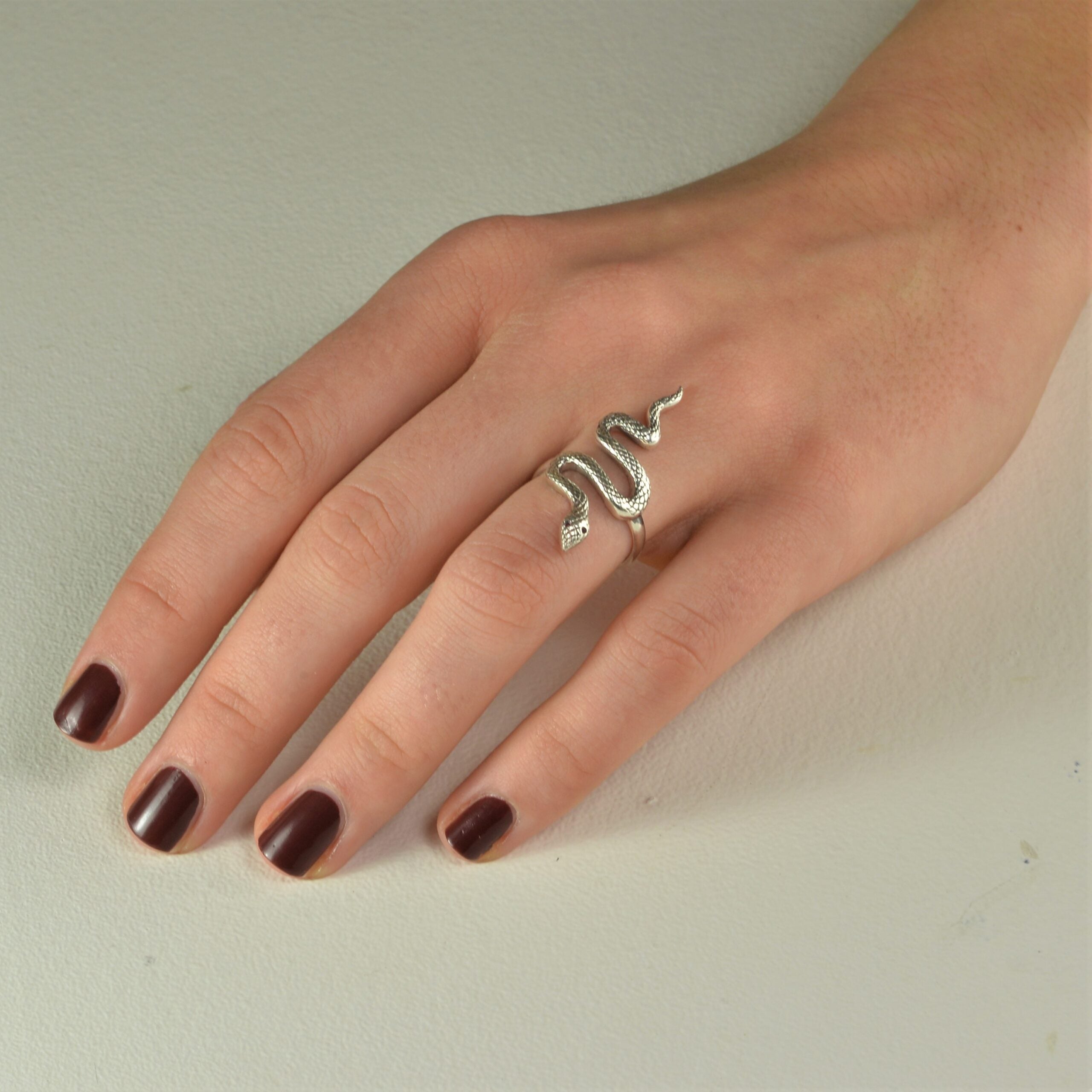 Detailed Snake Ring in Sterling Silver with Black Spinels
