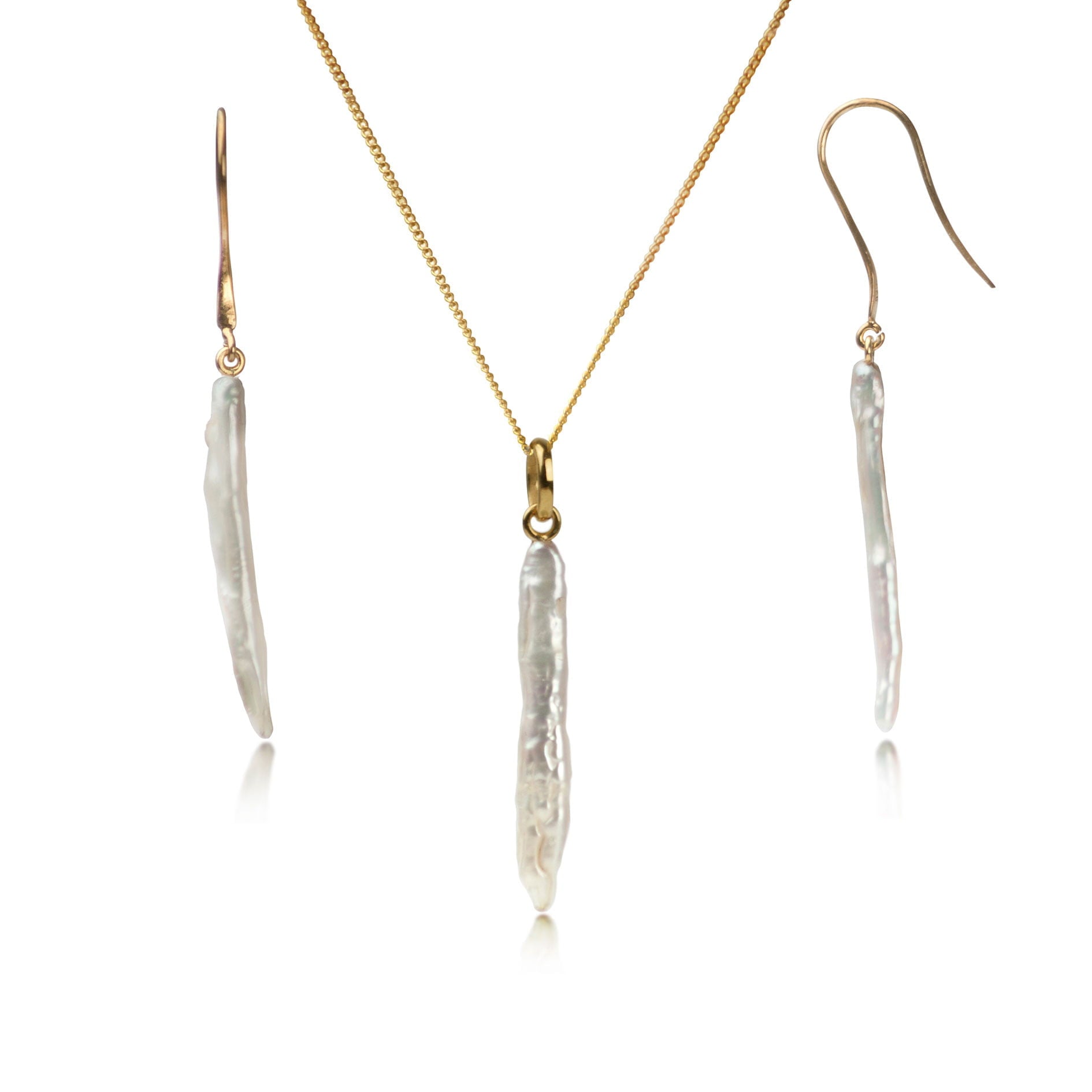 Thin Biwa Pearl Jewellery Set in Gold Vermeil