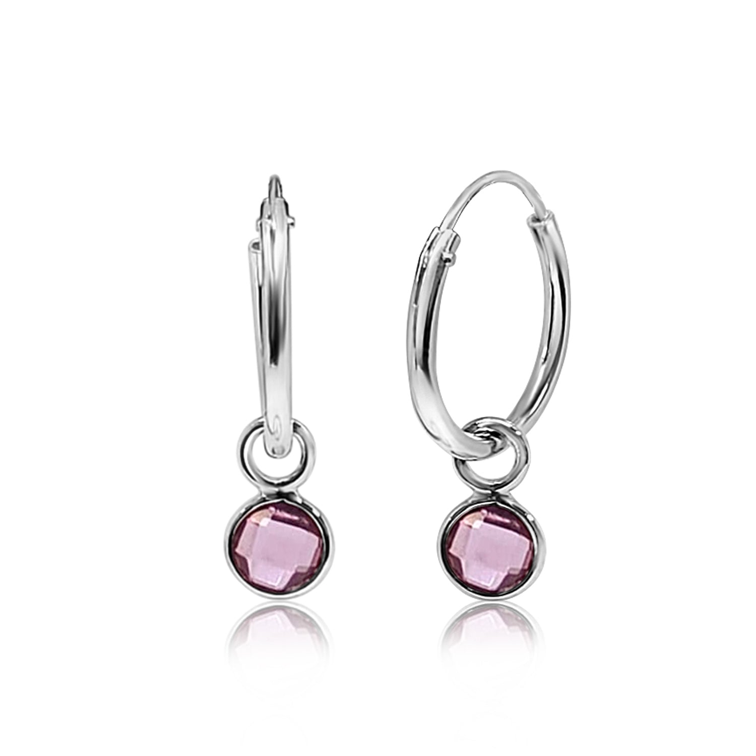 October Birthstone Hoop Earrings with Pink  Tourmaline Charm in Sterling Silver