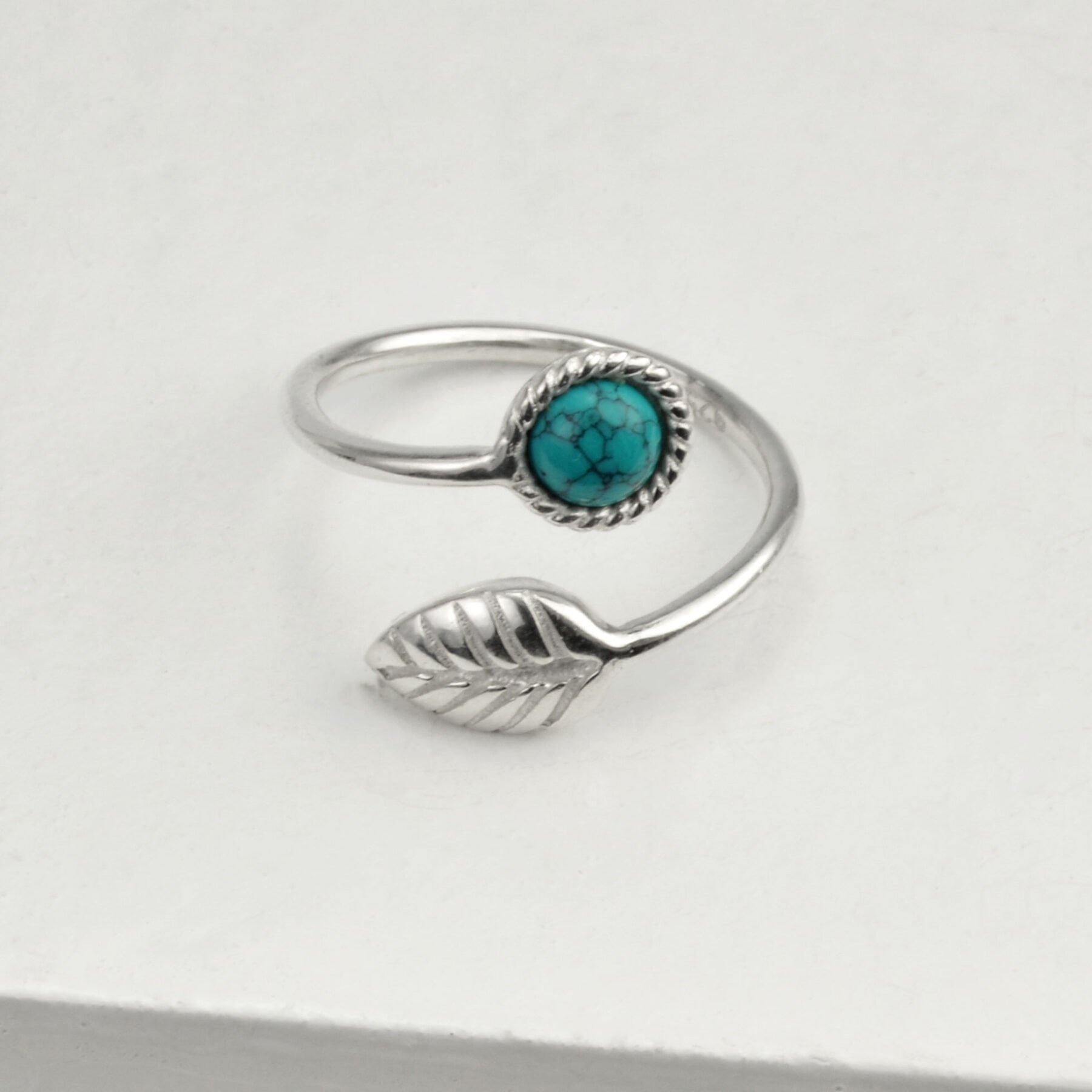 Adjustable Turquoise and Tiny Leaf Ring in Sterling Silver