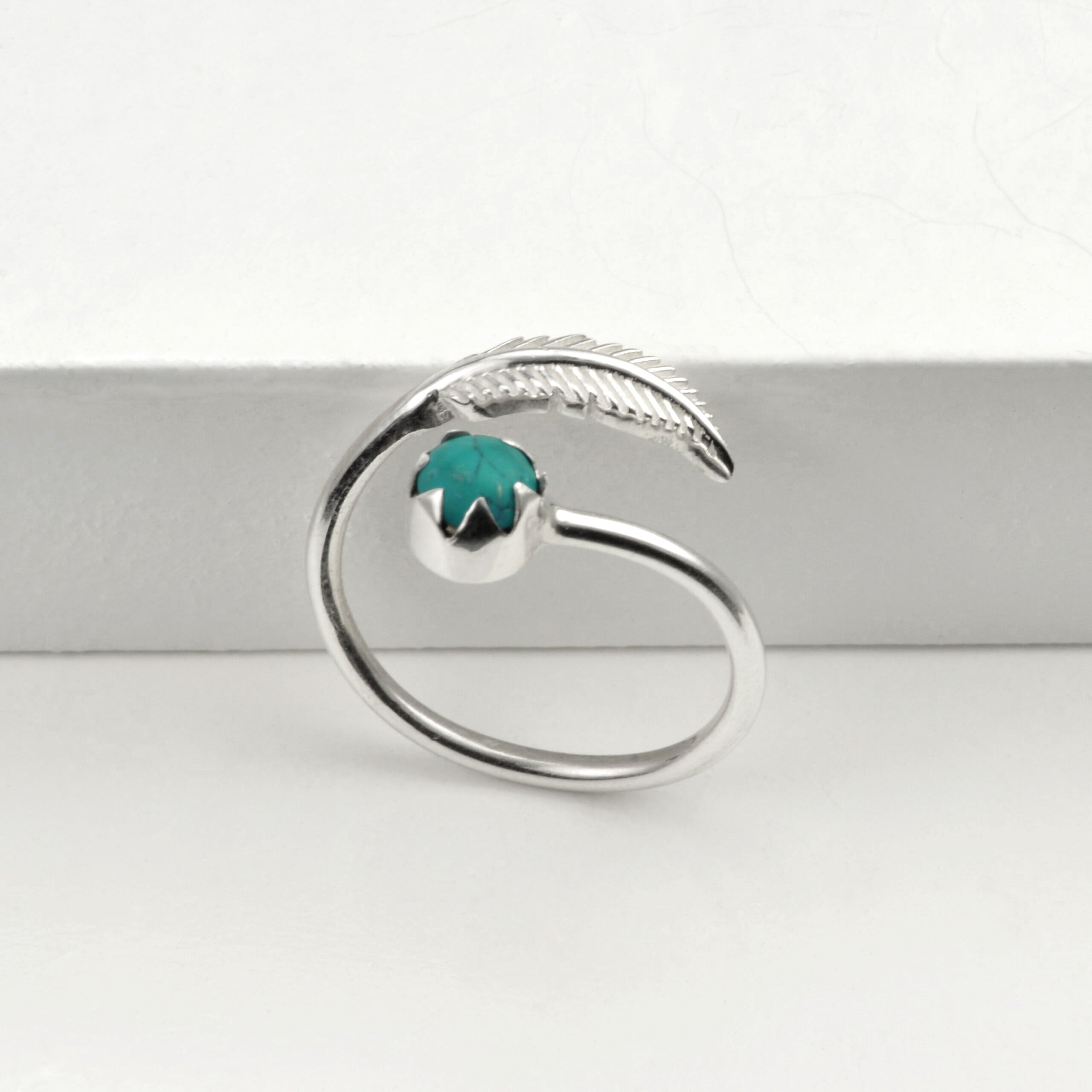 Adjustable Turquoise and Leaf Ring in Sterling Silver