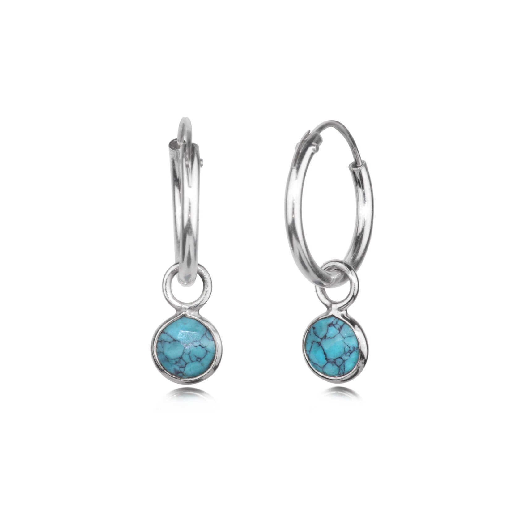 December Birthstone Hoop Earrings with Tibetan Turquoise Charm in Sterling Silver