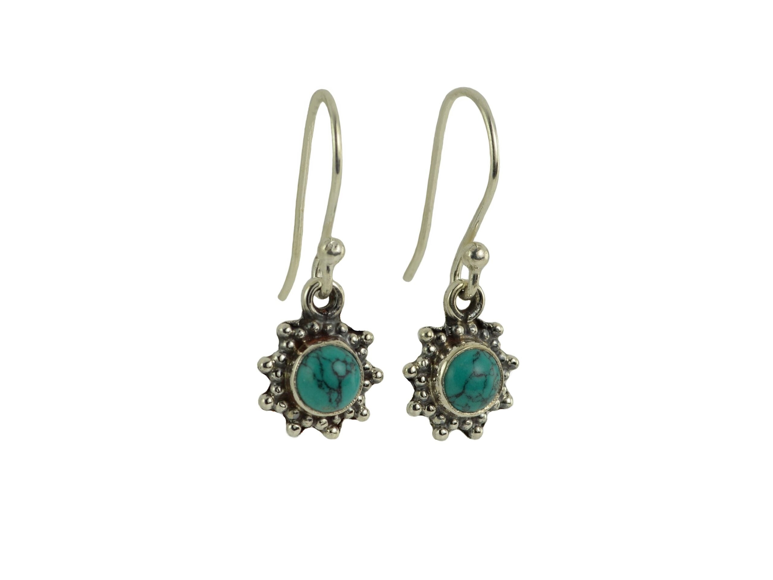 Star Motif Hook Dangle Earrings with Turquoise in Sterling Silver